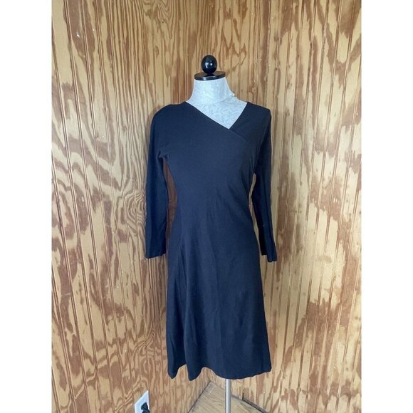 Patagonia Fit Flare Dress Long Sleeve V-Neck Solid Black Large Knit - Picture 1 of 7